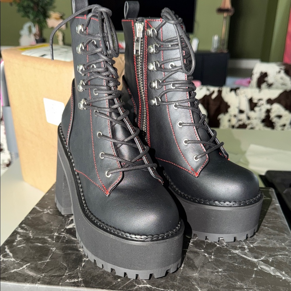 Demonia Black Platform Lace-Up Ankle Boots with Red Stitching